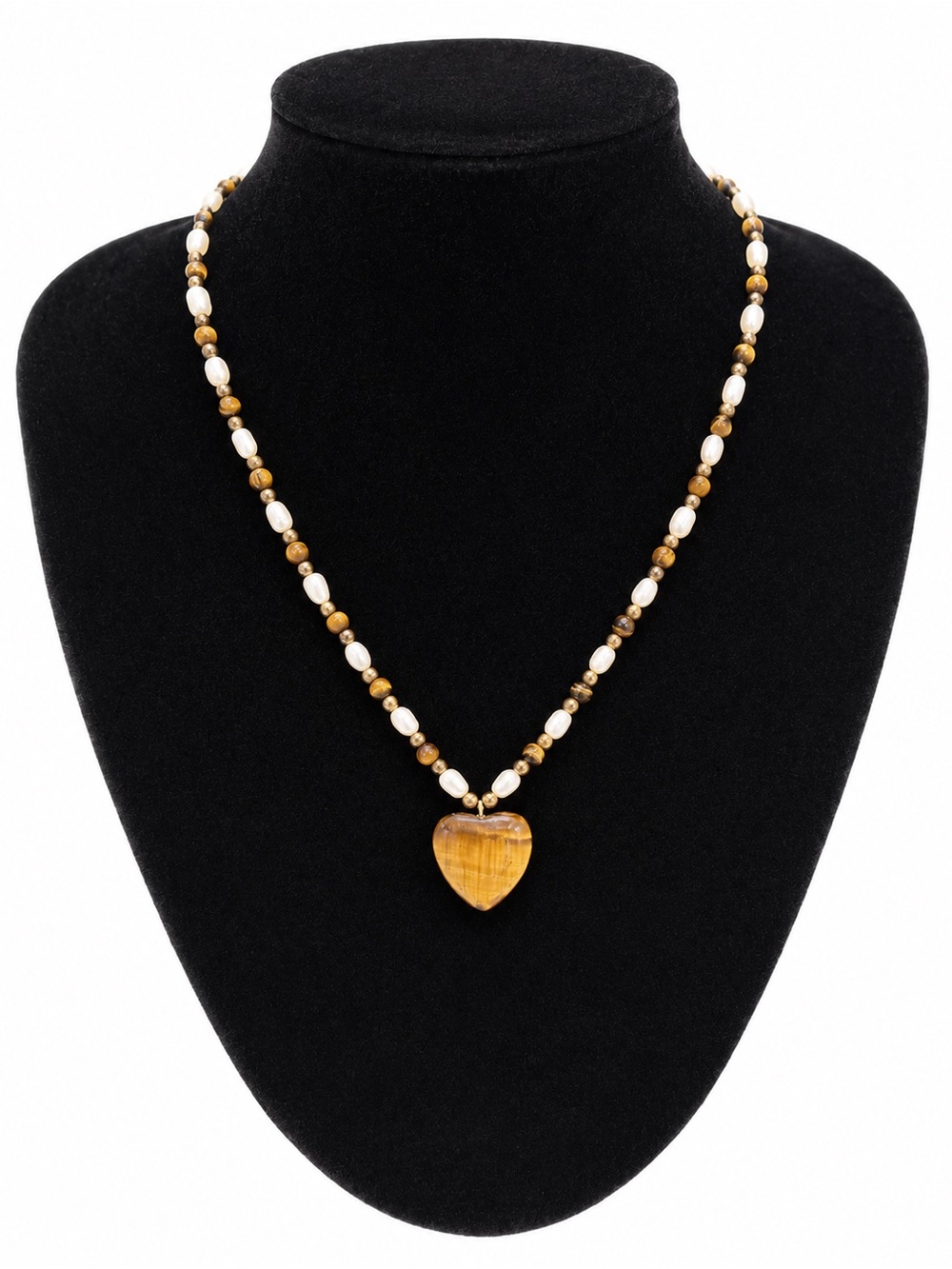 Tiger’s Eye Heart Pendant Beaded Necklace Romantic Boho Gold Tone Jewelry